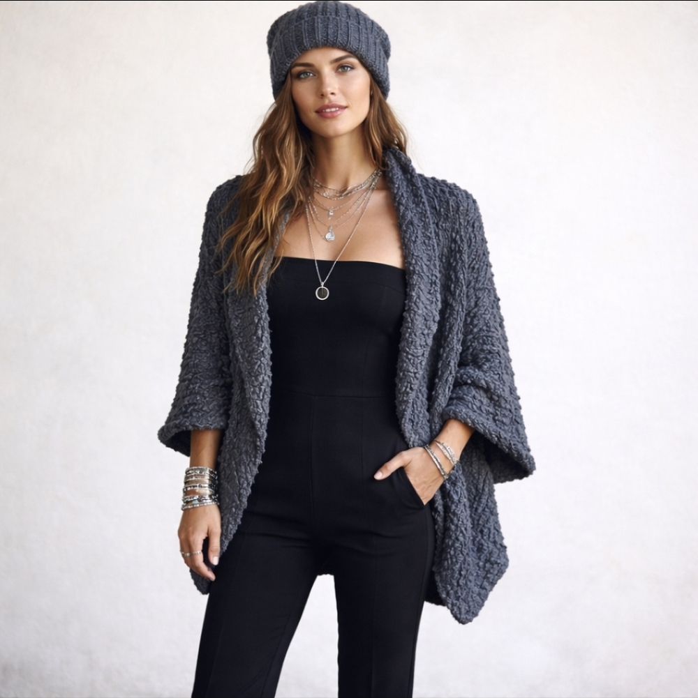 New Nubby Soft Gray Kensie Cocoon Open Cardigan Sweater NWT Sz L